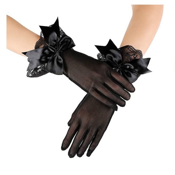 Bröllopsklänning Handskar Kort Mesh Svart Spets Rosett Handskar black
