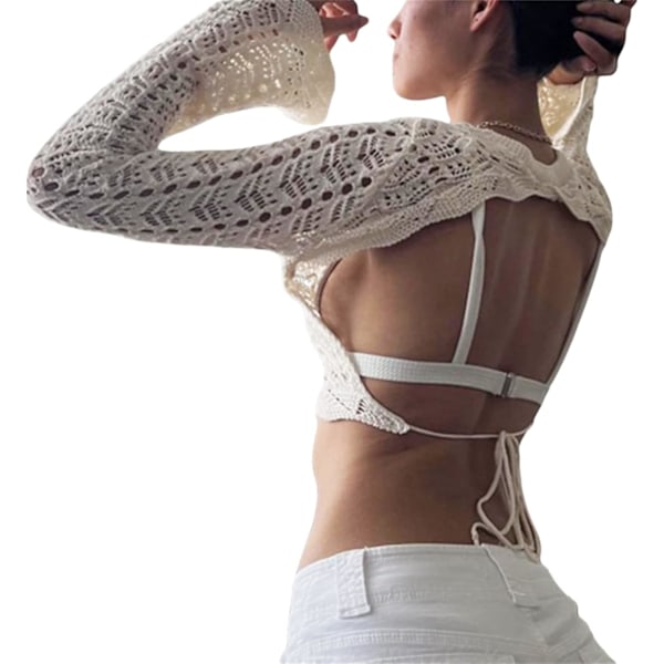2025 Senaste Modell Dam Y2K Utskuren Topp Långärmad Virkad Stickad Crop Top Sexig Genomskinlig Fisknätstopp