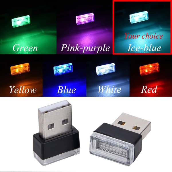 4 stk isblå USB-bilinteriørstemningslamper, universelle mini LED USB-lys for bildekorasjon, belysning