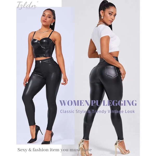 2025 Senaste Modell Faux Läderbyxor för Kvinnor Hög Midja Butt Lift PU Leggings Stretch Slimmande Casual Byxa