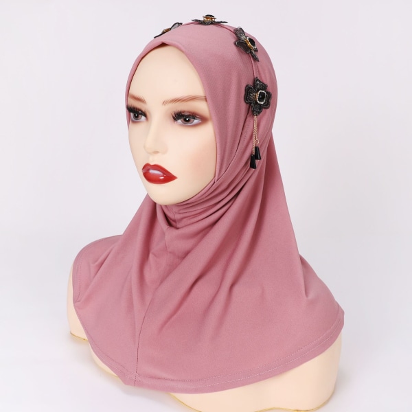 Enfärgad handsydd blomma Crystal Stone Scarf Muslim pink