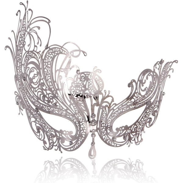 2025 Senaste Modell Maskeradmask för Kvinnor Glänsande Strass Metallmask Venetiansk Mask för Fest Bal Phoenix Silver