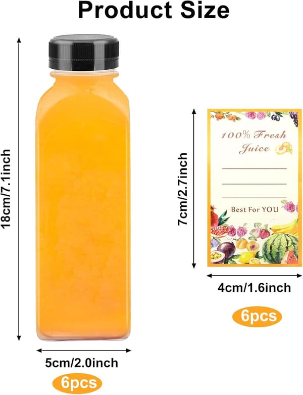 Plastjuiceflaskor - återanvändbara klara PET-flaskor med förseglingslock (6-pack)