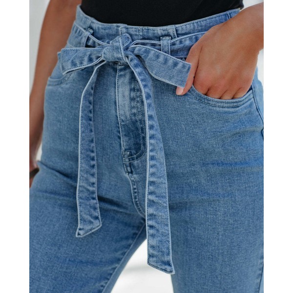 Elastiska Slim Fit spetsar med breda ben Micro Ragged jeansbyxor blue S
