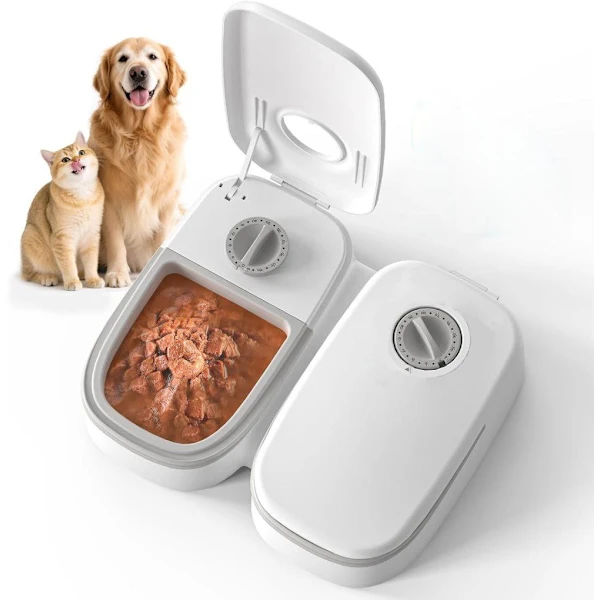 Automatisk katte- og hundefoderautomat med timer – 2 måltider, 48 timers foderdispenser til tør- og vådfoder, lille foderautomat til kæledyr