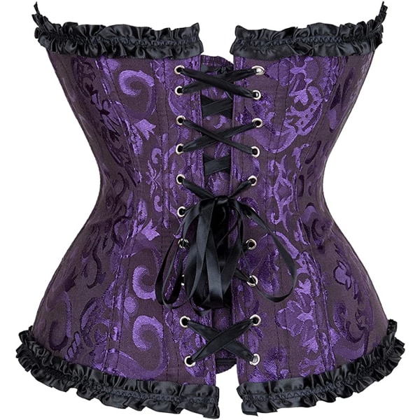 Plus size korsett, blommig plisserad trim för kvinnor, överbyst midja Black Purple XL