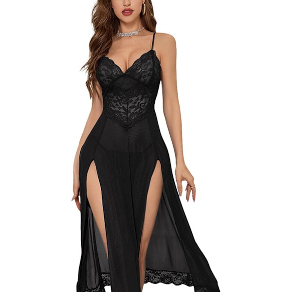 2025 Senaste Modell Sexig Delad Mesh Spets Blommig Transparent Babydoll Underkläder Outfit Klänning 2 Delar med Stringtrosa Set Lång Svart Small