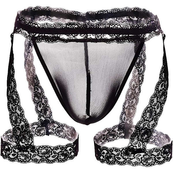 2025 Senaste Modell Herrtrosor Spetsunderkläder Genomskinlig Påse Stringtrosor med Strumpeband Kalsonger Underkläder G-String Sexiga Jockstrap Underbyxor Svart One Size