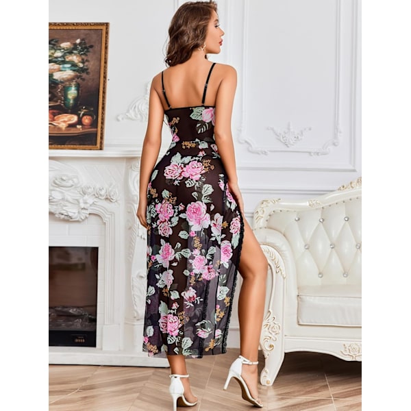 2025 Senaste Modell Kvinnor Sexiga Underkläder Spets Babydoll Chemise Mesh Nattlinne V-ringad Nattkläder Sidoslits Nattlinne Svart Blommig XX-