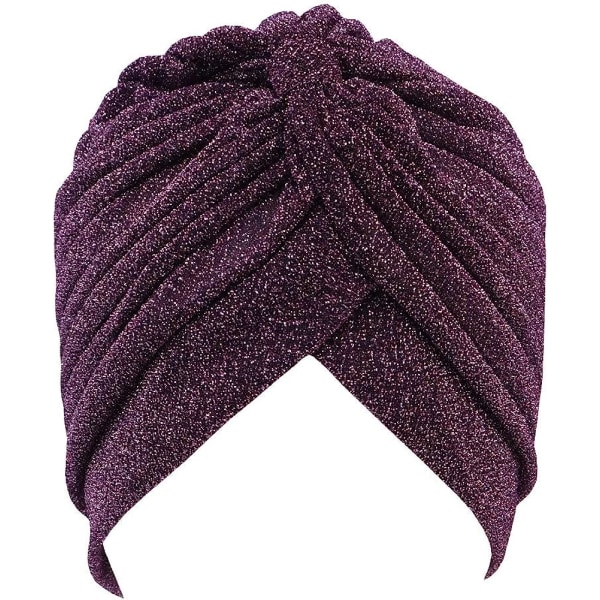 Plisserad glitterturban för kvinnor stretchig mössa mössa Purple