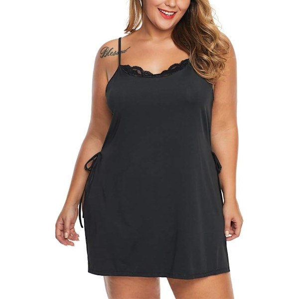 2025 Senaste Modell Dam Plus Size Spets Babydoll Underkläder Sidoslits Axelband Chemise Nattkläder Svart XX-Large