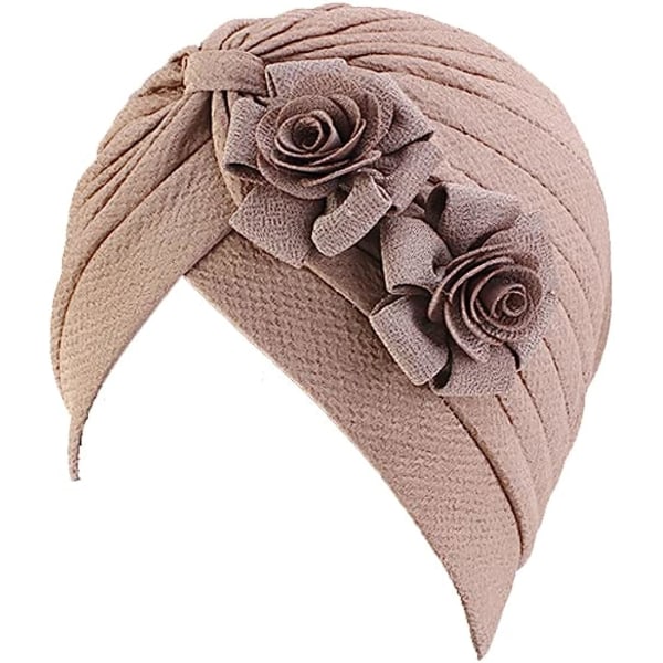 Damturban med blomma, Retro Elastisk Tråd Turbanhatt Camel