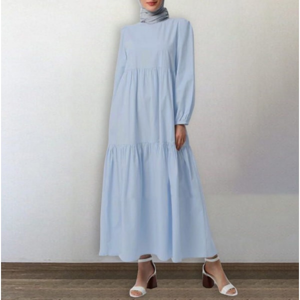 Muslim enkel lång klänning, enfärgad, rund hals, lång ärm Light blue 5XL