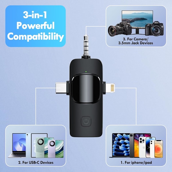 3 i 1 Trådlös Lavalier Mikrofon för iPhone Android Kamera USB-C, Brusreducerande Trådlös Mini Mikrofon för YouTube, Videoinspelning