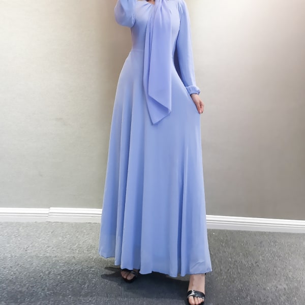 Muslimska kvinnors sommar chiffong långärmad klänning i ren färg sky blue M