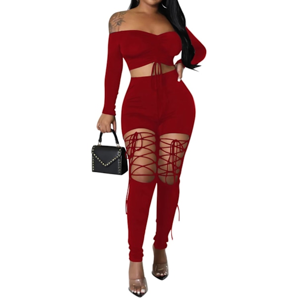 2025 Senaste Modell Dam Sexig Snörning Jumpsuit - Off Shoulder Långärmad Crop Top Utskuren Lång Byxa 2-Dels Set Clubwear