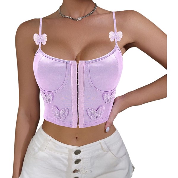 Kvinnor Silky Satin Front Push Up Bustier Chic Butterfly Purple/Butterfly M