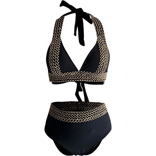 Tvådelad baddräkt för damer, sexig baddräkt push up bikini set halter baddräkt full täckning vadderad 2-delad baddräkt #F01-black X-Large