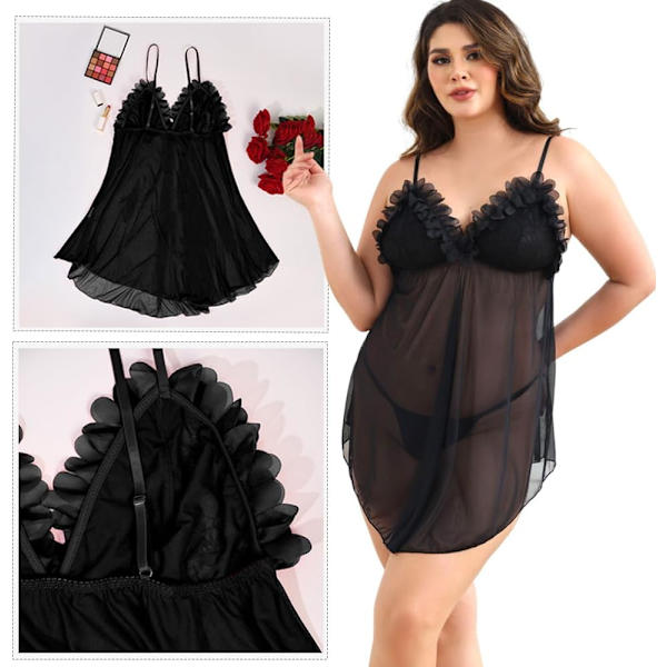 2025 Senaste Modellen Plus Size Underkläder för Kvinnor Spets Babydoll Mesh Nattkläder, Sexig Chemise med Band Svarta 3X-Large