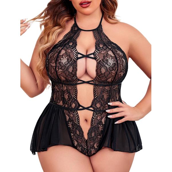 2025 Senaste Modell Dam Plus Size Underkläder Spets Body Teddy Djup V En Del Spets Babydoll Svart 4X-Large