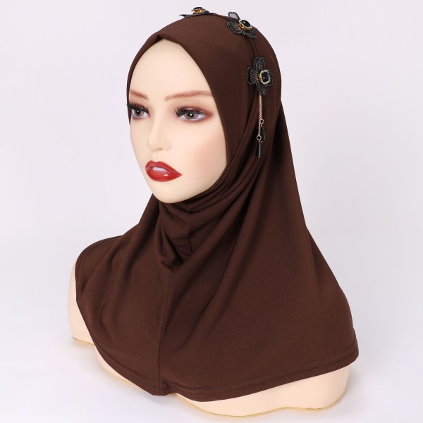 Solid Färg Handsydd Blomkristall Sten Scarf Muslim coffee