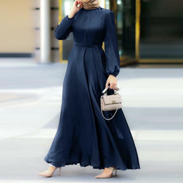 Muslim Daily Leisure Klänning med rund krage med långt bälte Blue 2XL