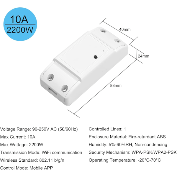 WiFi Smart Switch Kompatibel med Amazon& för Hem Timer 10A/2200W Trådlös Fjärrkontroll Switch för