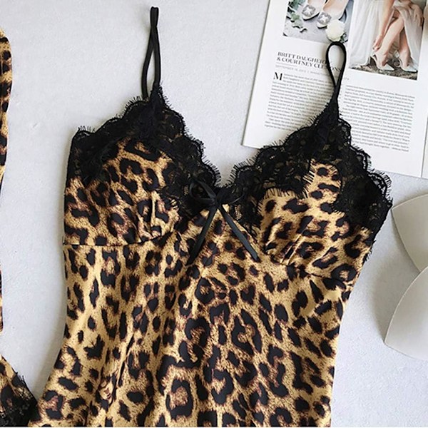 2025 Senaste Modell Satin Silk Nattlinne Dam Sexig Långärmad Leopardtryck Spetsunderkläder Morgonrockar Sling Sovkläder Pyjamasset Under