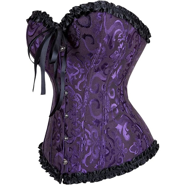 Plus size korsett, blommig plisserad trim för kvinnor, överbyst midja Black Purple 2XL