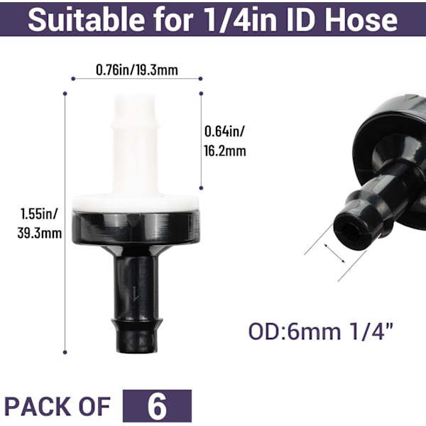 1/4\" (6mm) Envägs Inline Backventil Plug-in Barb Backventil ABS Plast Vatten Luft System Stopp Backventil för Vätskor 6PCS 6 1/4tum