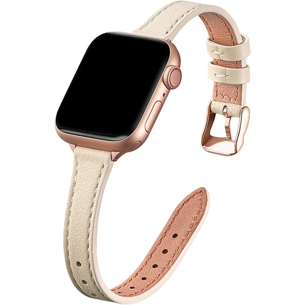 Smalt läderband kompatibelt med Apple Watch Band 38mm Beige with Rose Gold 42mm/44mm/45mm/49mm