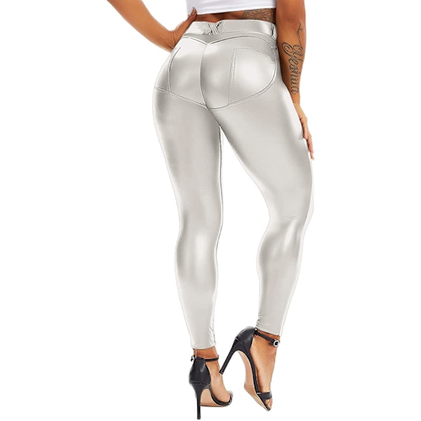 2025 Senaste Modell Dam Faux Läder Leggings Byxor PU Elastisk Formande Höft Push Up Svart Sexig Stretchig Hög
