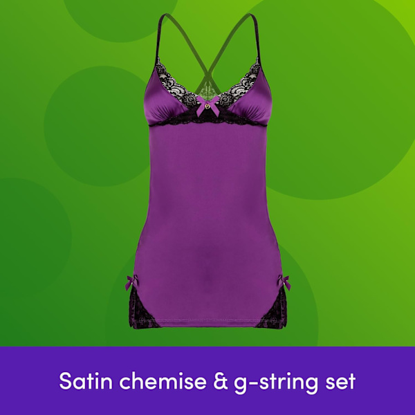 2025 Senaste Modellen Underkläder Plommon Satin & Spets Babydoll och Stringtrosor Set - Racerback Svarta Remmar - Regular till Plus Storlek 2-20 14-16