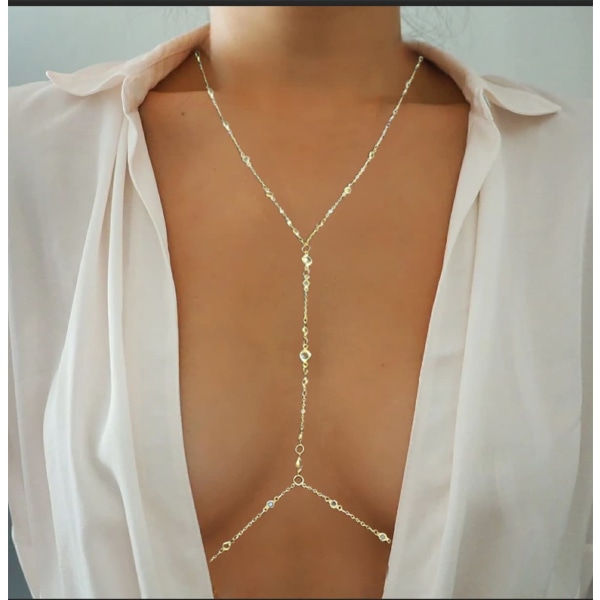 Crystal Body Chain för kvinnor, sexig 14K guld halsband midja Bdoy c-R12800