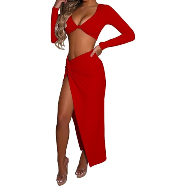 2025 Senaste Modell Dam Sexig Bodycon 2-Dels Klänning Outfit Långärmad V-ringad Crop Top Twist Hög Slits Långa Klänningar Kjolen Set