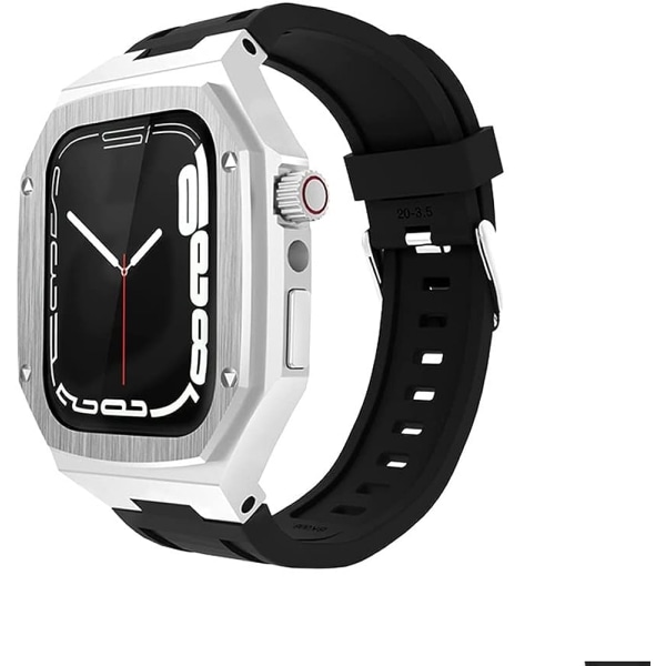 Gummimodifierad rem för Apple Watch 8 7 45mm Black Silver 44MM For 6/5/4/SE