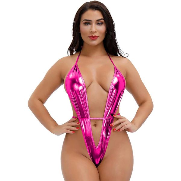 2025 Senaste Modell Sexig Mini Monokini Baddräkt för Kvinnor PU Läder One-Piece Halter Extrem Micro Bikini Teddy Underkläder Slampig Baddräkt