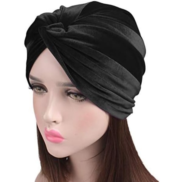 Kvinnors stretchiga sammetsvridna plisserade hårwrap turbanhatt Black