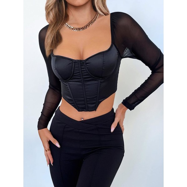 Kvinnors skira mesh långärmad korsett Crop Top snörning Black M