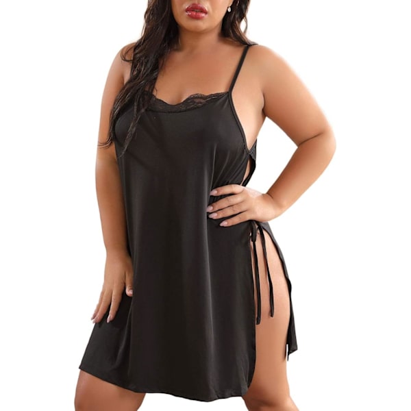 2025 Senaste Modell Dam Plus Size Spets Babydoll Underkläder Sidoslits Axelband Chemise Nattkläder Svart XX-Large