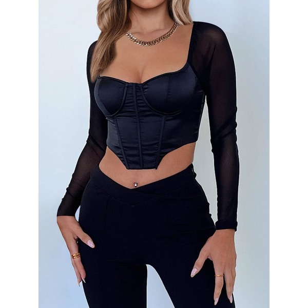 Kvinnors skira mesh långärmad korsett Crop Top snörning Black M