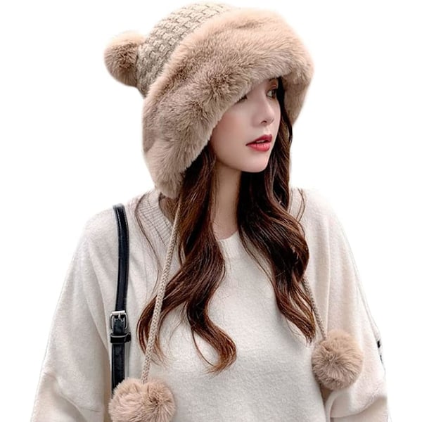 Vinter PomPom Mössor för Kvinnor Fluffig Stickad Dam Mössa Fuskpäls Virkad Skull Cap Varm Bucket