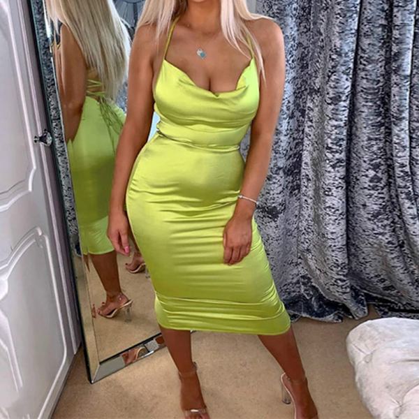 2025 Senaste Modell Dam Neon Satin Sexig Bodycon Elegant Rygglös Lång Midiklänning för Cocktailparty