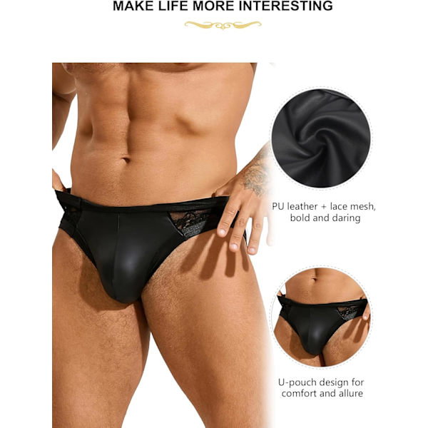 2025 Senaste Modell Herr Spetsunderkläder Sexig Stringtrosa G-String Låg Midja PU Konstläder Påse Trunkar Mjuka Jockstrap Trosor Kalsonger Svart L