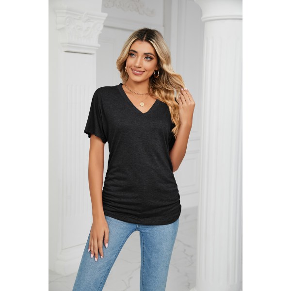 V-halsad Solid Lös T-Shirt Damtopp black M