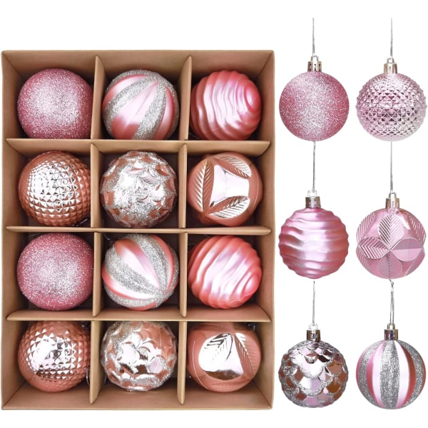 Splittersäkra rosa julgranskulor med hängsnöre - set med 12 st