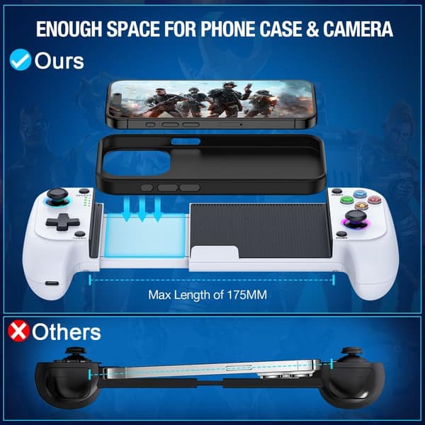 2025 Seneste Model Mobil Controller til iPhone/Android Understøtter Telefoncover, LED-lys, Hall Effect Sticks, Håndholdt Gaming Telefon Controller