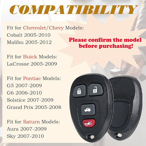Nyckellös Fjärrkontroll Nyckelbricka Ersättning Passar Chevy Malibu Cobalt 2005-2012 Pontiac G5 G6 Grand Prix Solstice 2005-201