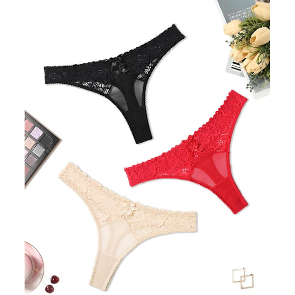 2025 Senaste Modell Damunderkläder Sexiga Bikini Trosor Spets Trosor Låg Midja Cheeky Underkläder Trosor 3-pack: Svart/Röd/Champagne La