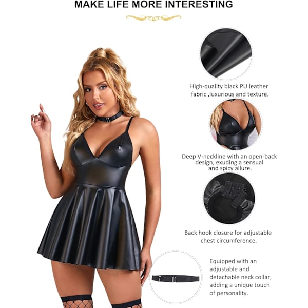 2025 Senaste Modell Faux Läder Underklädesset för Kvinnor Plus Size PU Underkläder V-ringad Rygglös Babydoll Chemise Mini Underklänning Blac